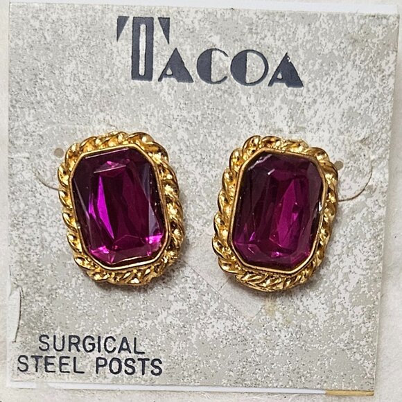Tacoa Pierced Goldtone Earrings with Rose Color Stones - Vtg - Picture 3 of 9